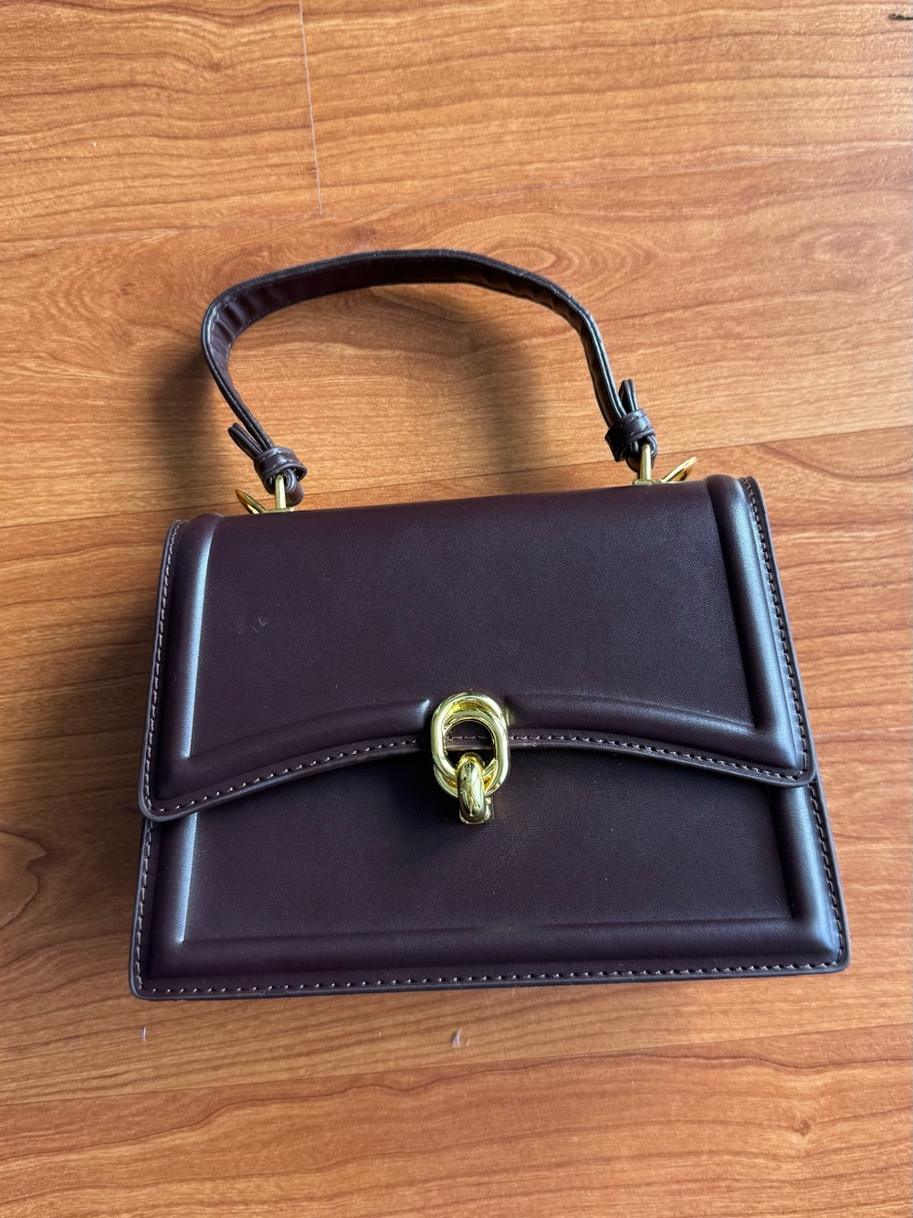 Structured Brown Top-Handle Leather Bag with Gold Hardware